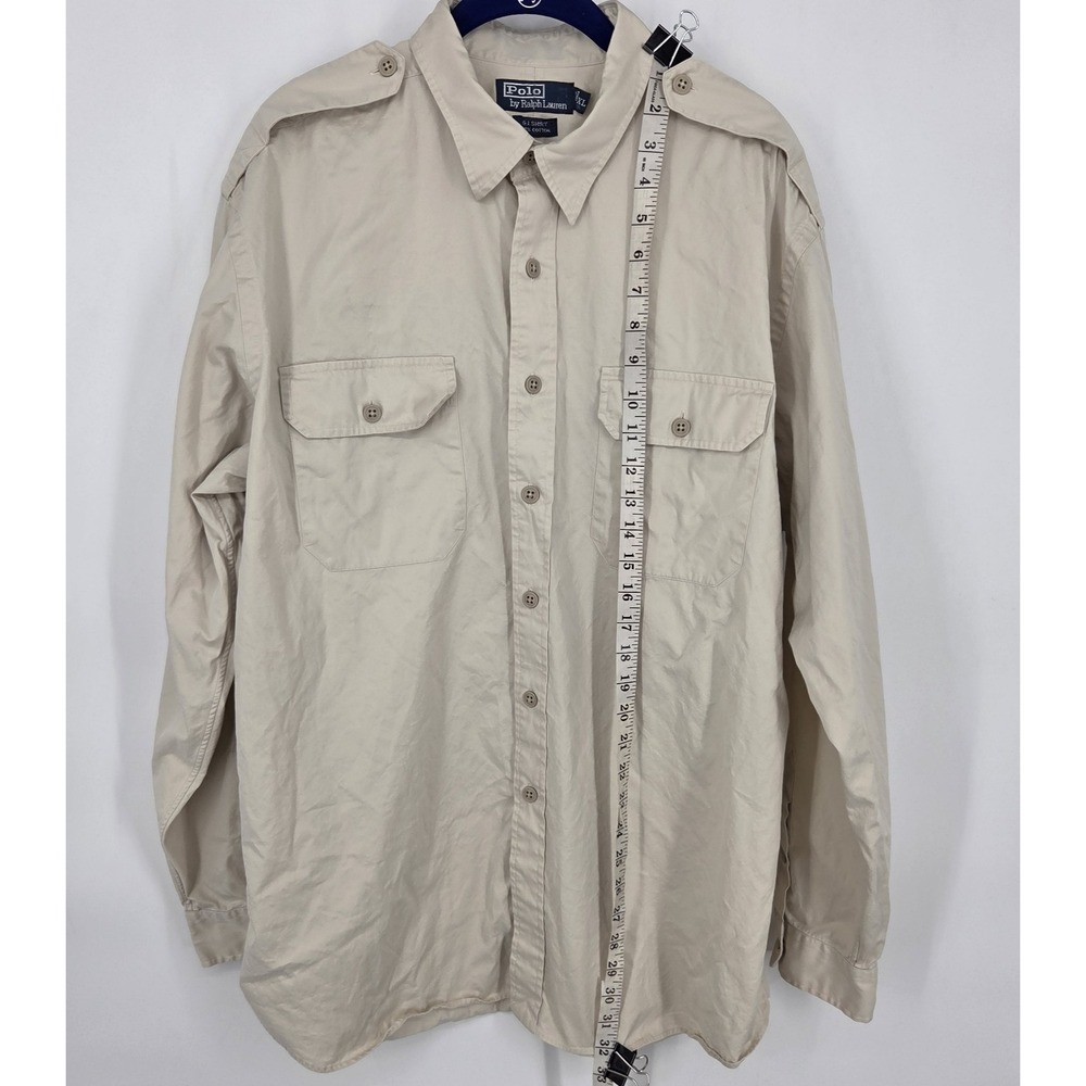 VINTAGE Polo Ralph Lauren GI Shirt Men's Long Sleeve Button Up Pockets XL Beige - Picture 4 of 8